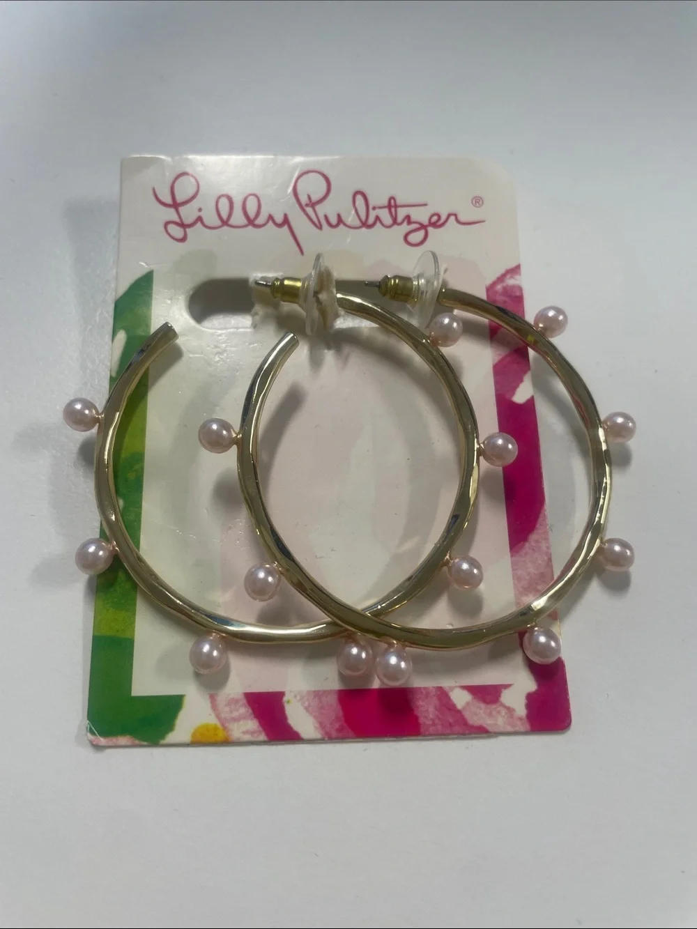 Lilly Pulitzer Gold Hoop Earrings with Light Pink Pearl Drops